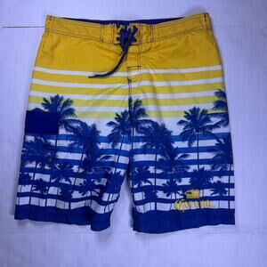 Y2K Corona Extra yellow & blue striped swim trunks with design. Size: XL